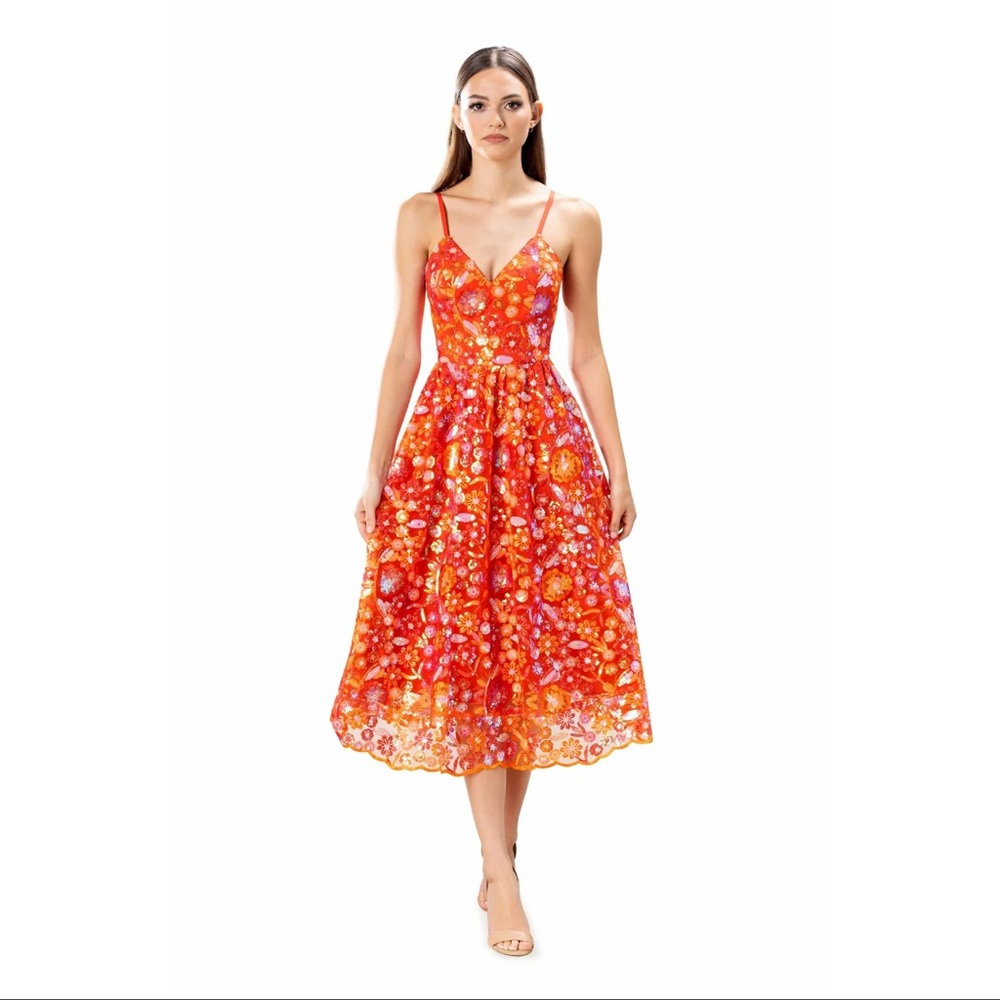 Dress the Population Maven Fit and Flare Plunging Neckline Midi Dress